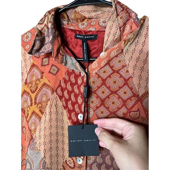 Sarah Pacini Brick Viscose Patchwork Blouse Size XS NWT - Picture 6 of 10